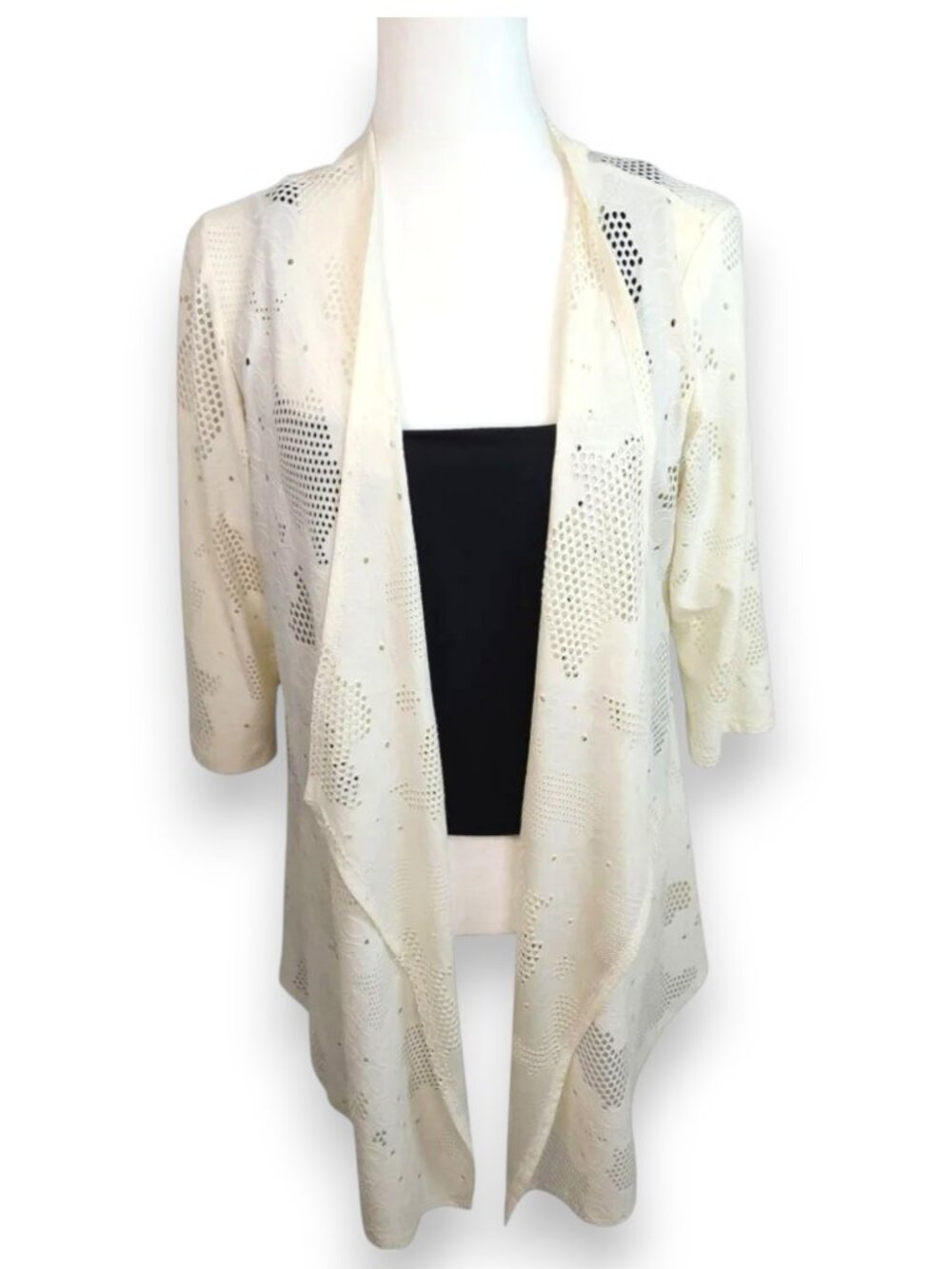 Clara Sunwoo Laser Cut Open Front Cardigan Ivory Draped Kimono Size Large